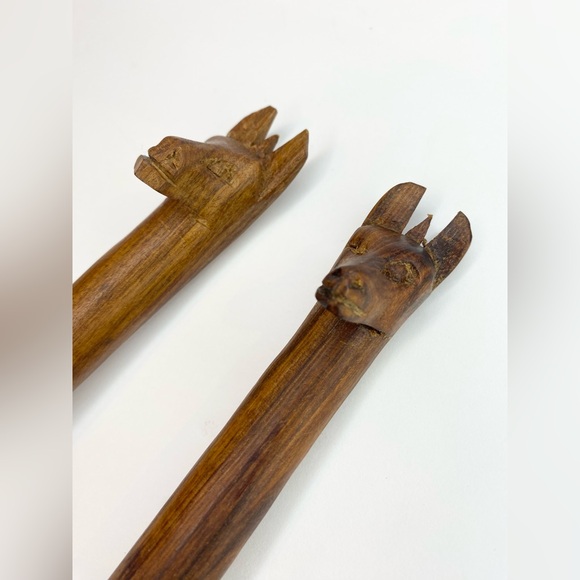 Vintage Teak Wood Salad Serving Spoon Fork African Carved Lama Wooden Animal Art - Picture 4 of 7